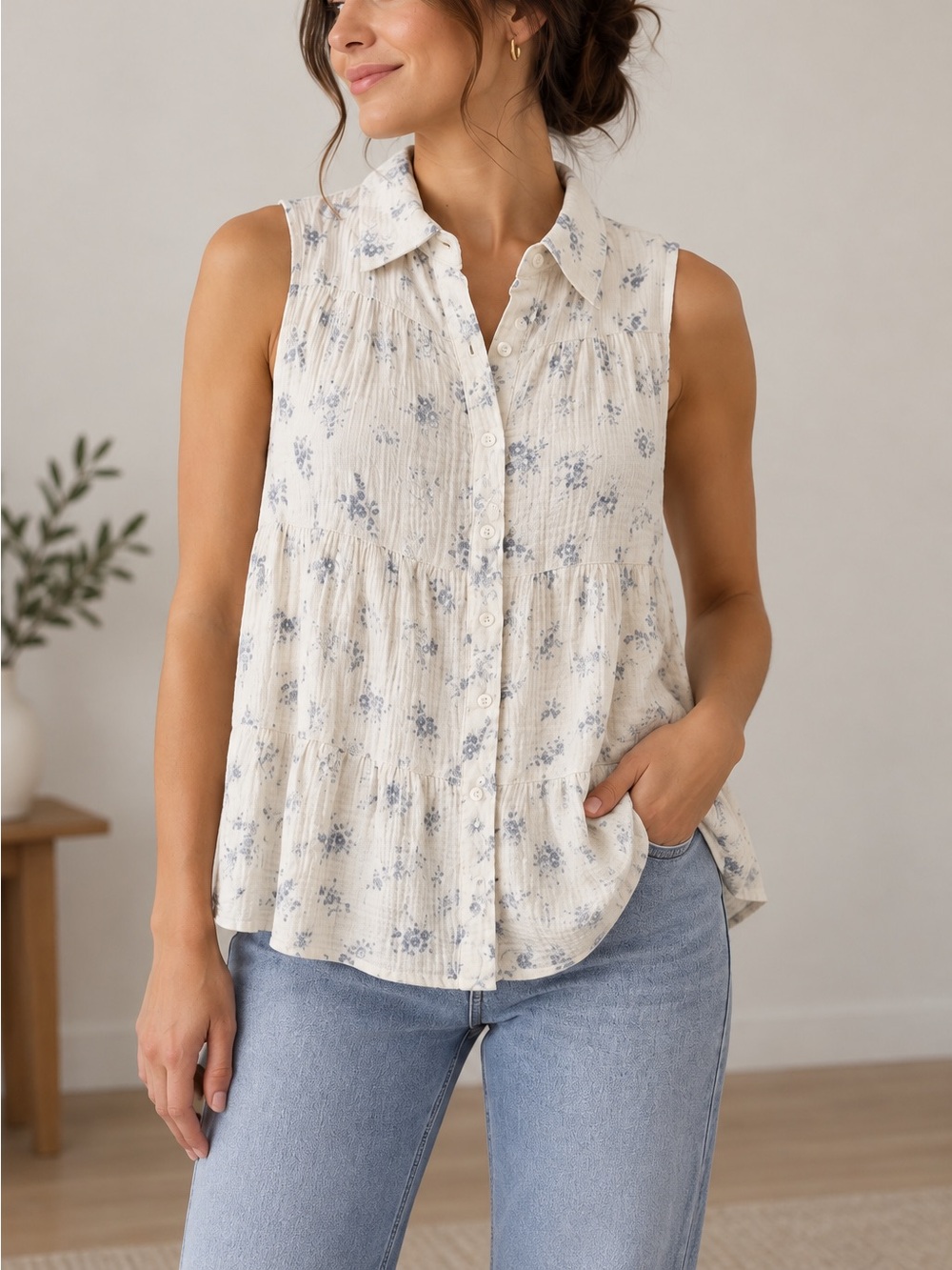 100% Cotton Grade & Gather Floral Button Front Top Size M